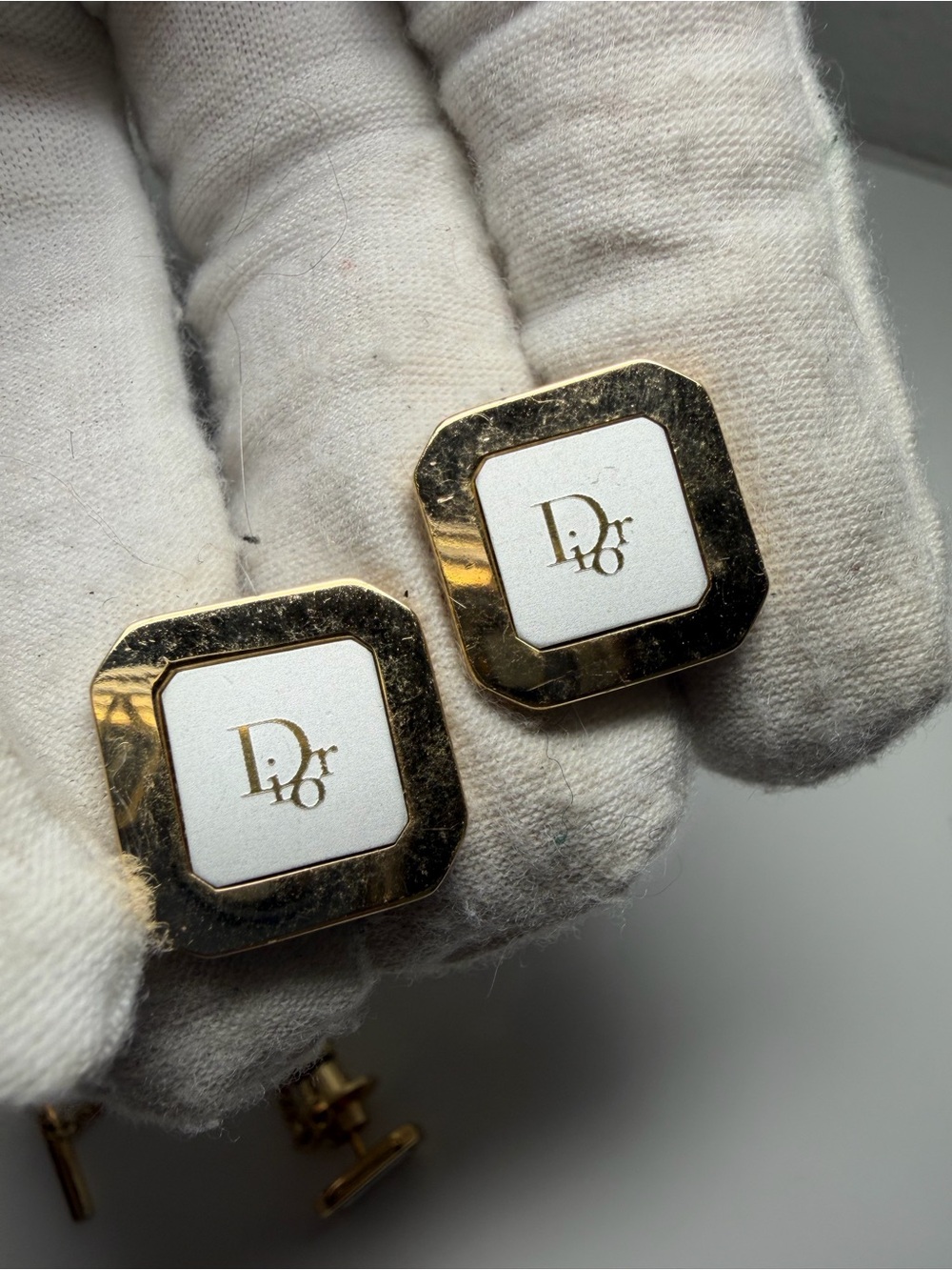 Dior Gold and White Square Logo Cufflinks with Monogram